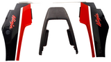 Black and red motorcycle fairing with 'ninja' branding on black abs 